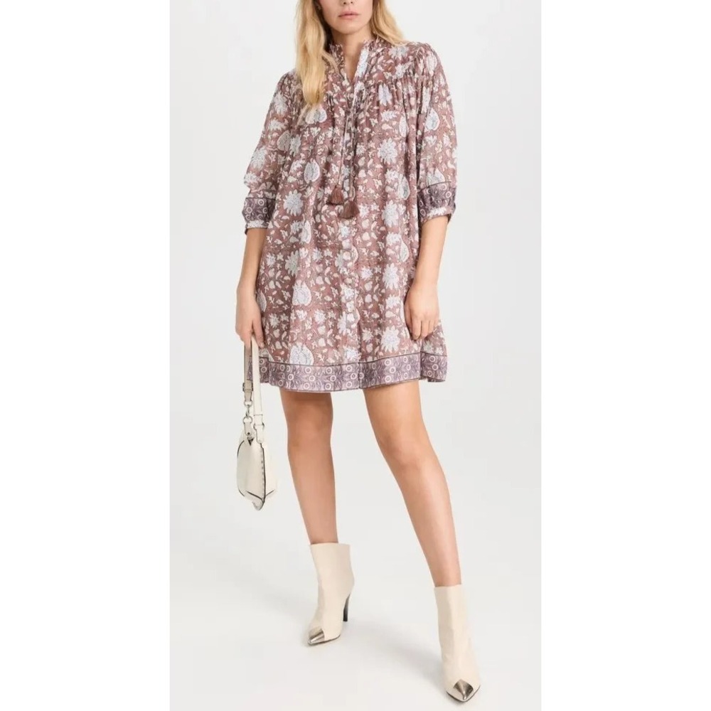 Marea Georgia Dress Large Brown Wht Floral Cotton Tassel Boho Mini Peasant Fall